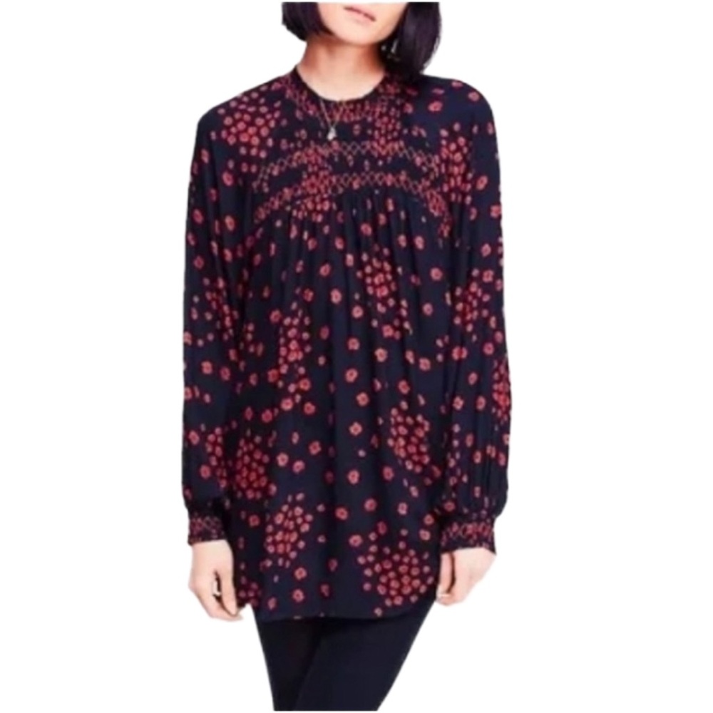FREE PEOPLE Oversized Black w/ Red Embroidery Tunic Blouse Size: Medium